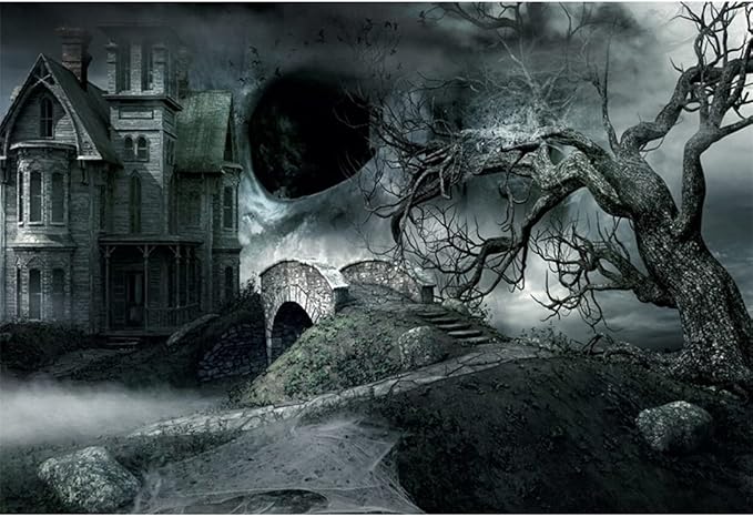 10 x 8 英尺(约 3 x 2 4 米)万圣节背景用于摄影古城堡桥蜘蛛网骷髅